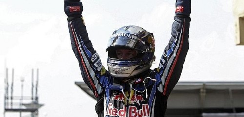 Red Bull Formula One driver Sebastian Vettel of Germany celebrates winning the Brazilian F1 Grand Prix at the Interlagos racetrack